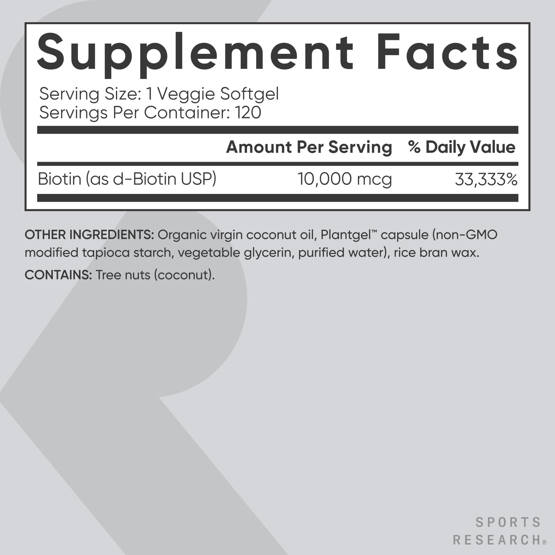 Sports Research® Biotin 10,000mcg w/Coconut Oil, 120 Count Plantgels™ | Max Strength Vegan Biotin (Vitamin B7) for Healthy Skin and Hair Support | Non-GMO, Gluten & Soy-Free, 120 Servings