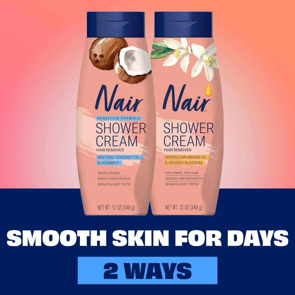 Nair Sensitive Shower Hair Removal Cream, Coconut Oil & Vitamin E, 12 Oz | Sensitive Skin Formula, Quick & Easy Body Hair Removal, Legs, Arms & Underarms, Smooth & Soft Skin