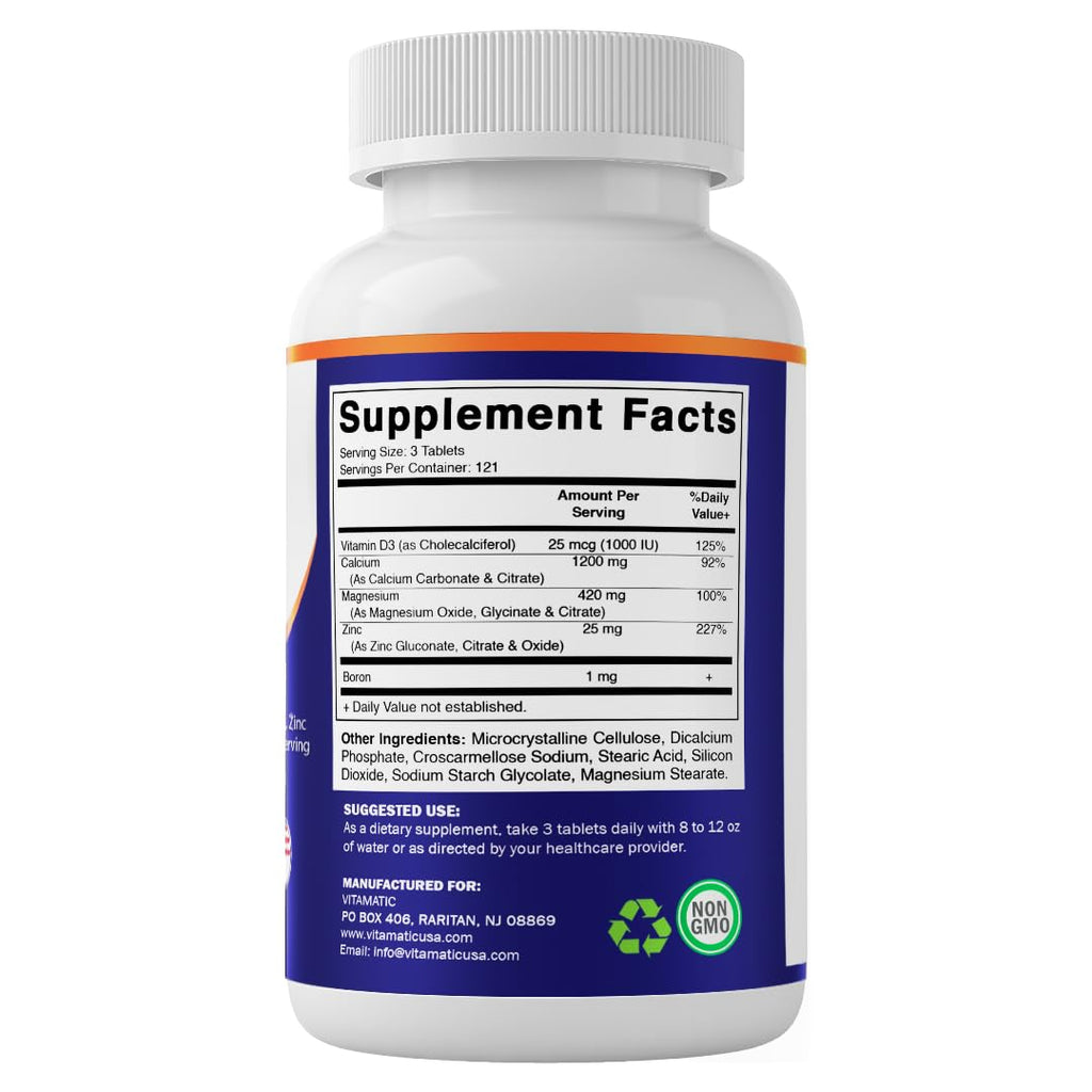 Vitamatic Calcium Magnesium Zinc D3 Boron | 365 Coated Tablets Supplement | Calcium 1200 mg, Magnesium 420mg, Zinc 25mg, Vitamin D3 1000 IU, Boron 1 mg | Non-GMO | Gluten Free | Made in USA