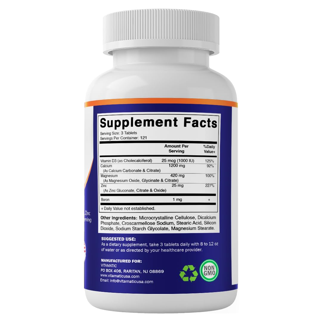 Vitamatic Calcium Magnesium Zinc D3 Boron | 365 Coated Tablets Supplement | Calcium 1200 mg, Magnesium 420mg, Zinc 25mg, Vitamin D3 1000 IU, Boron 1 mg | Non-GMO | Gluten Free | Made in USA