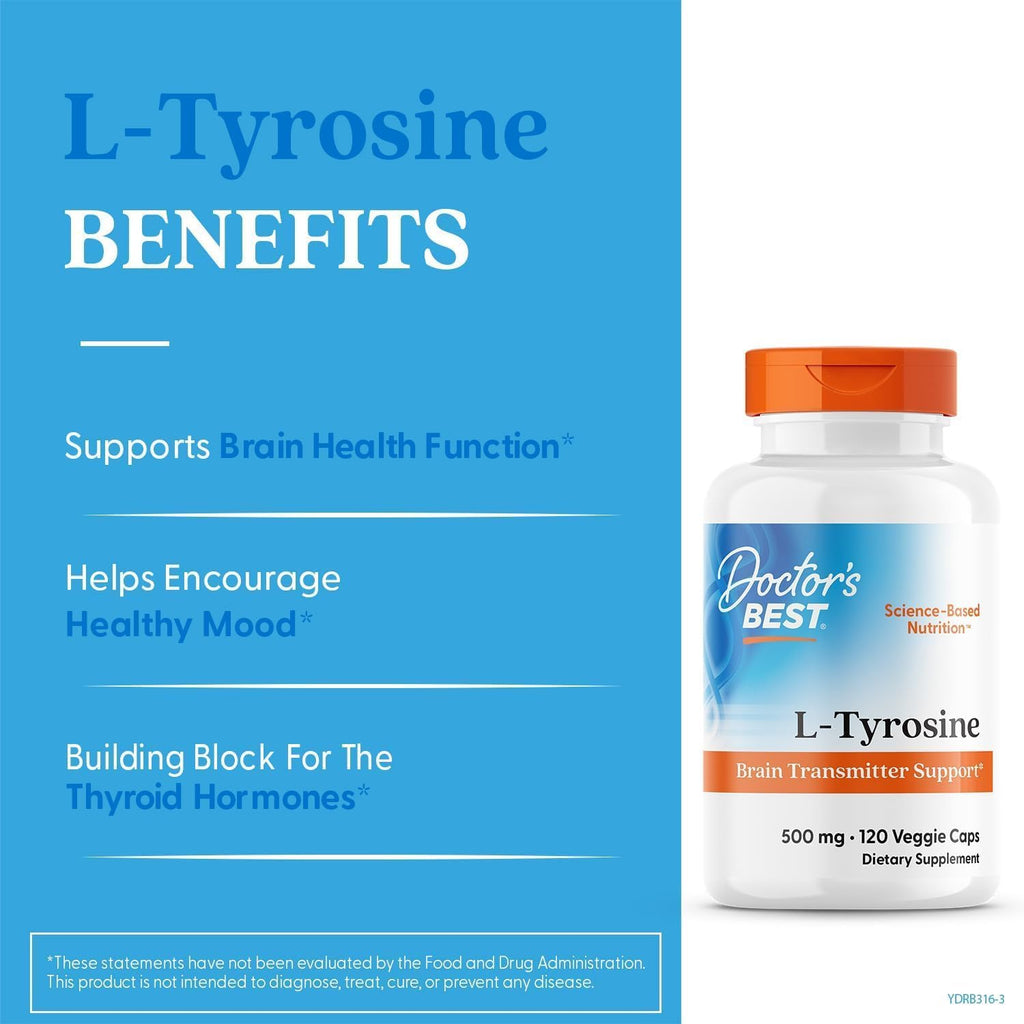 Buy now Doctors Best L-Tyrosine, 500 mg, Brain Transmitter Support, Non-GMO, Gluten Free 120 Veggie Caps at indiglob india