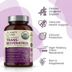 Purity Labs Trans-Resveratrol Supplement 5,000 mg Equivalent per Serving with Quercetin, USDA Organic High Potency Antioxidant, Vegan Capsules, 90 Count