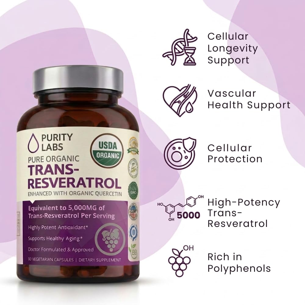 Purity Labs Trans-Resveratrol Supplement 5,000 mg Equivalent per Serving with Quercetin, USDA Organic High Potency Antioxidant, Vegan Capsules, 90 Count