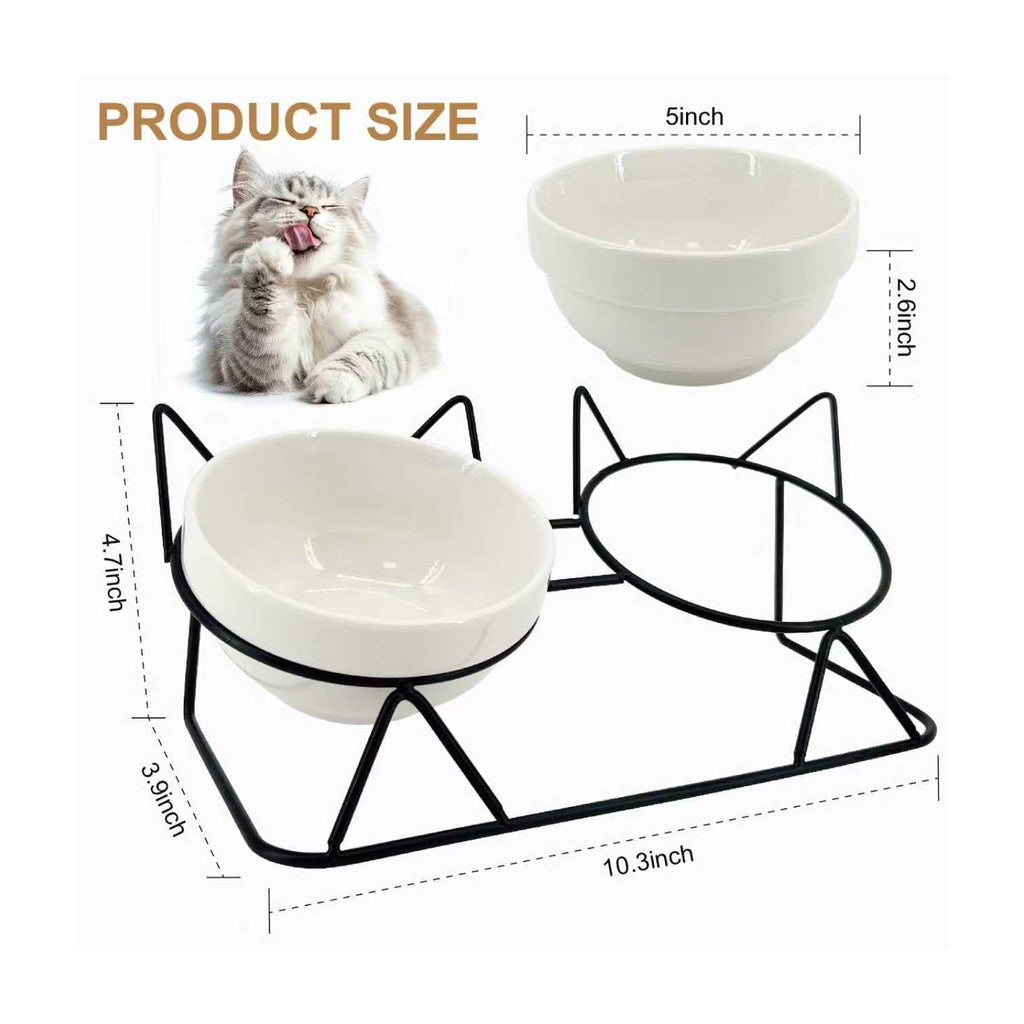 Elevated Tilted Cat Bowls for Indoor Cats，Raised Ceramic Cat Bowl Elevated 15°,Pet Feeding Bowls for Food and Water Anti Vomiting Bowl(Double Ceramics and Tilt Shelf) Suitable