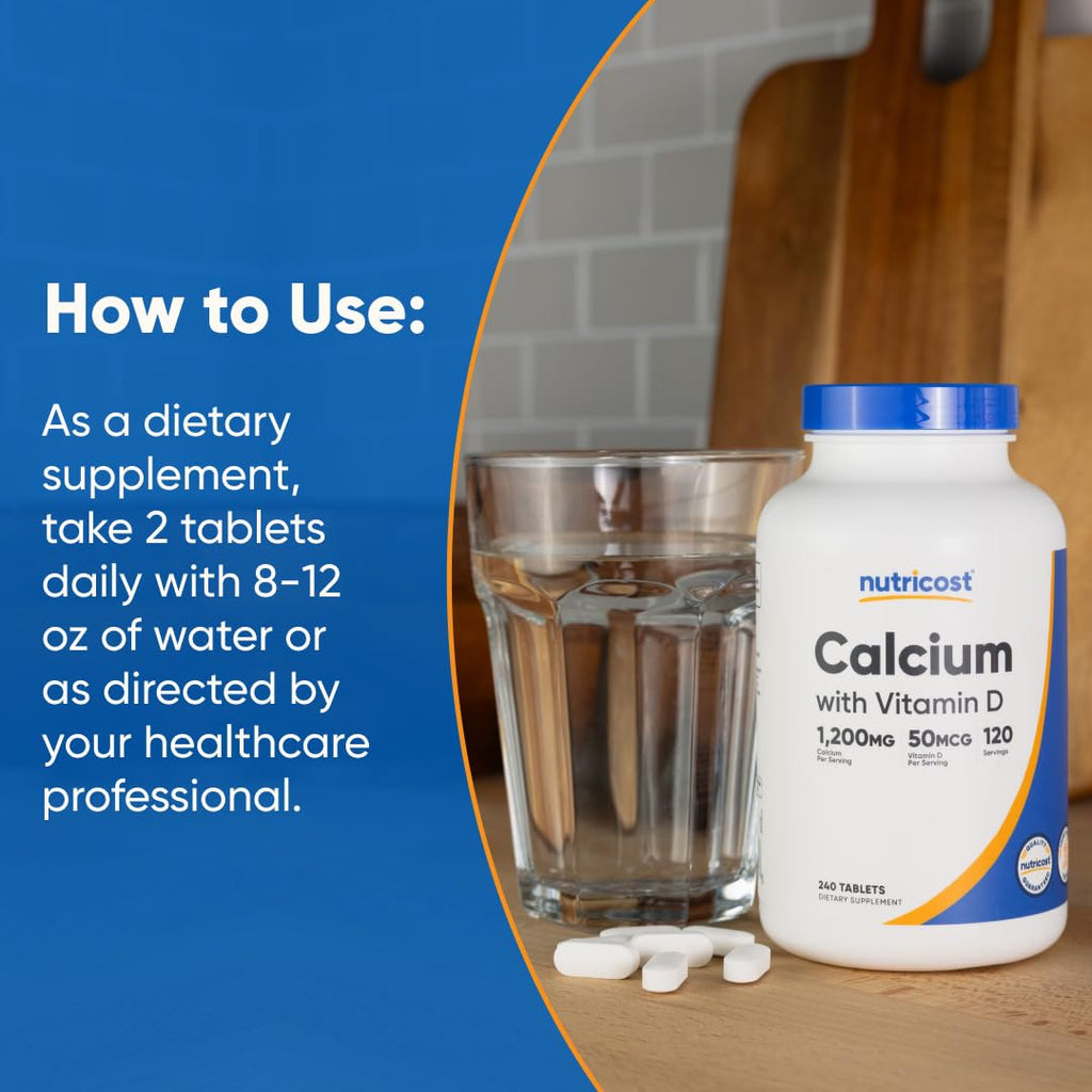 Nutricost Calcium with Vitamin D, 240 Tablets, Gluten-Free, GMO-Free | Calcium (1200mg) Vitamin D (50mcg) Per Serving
