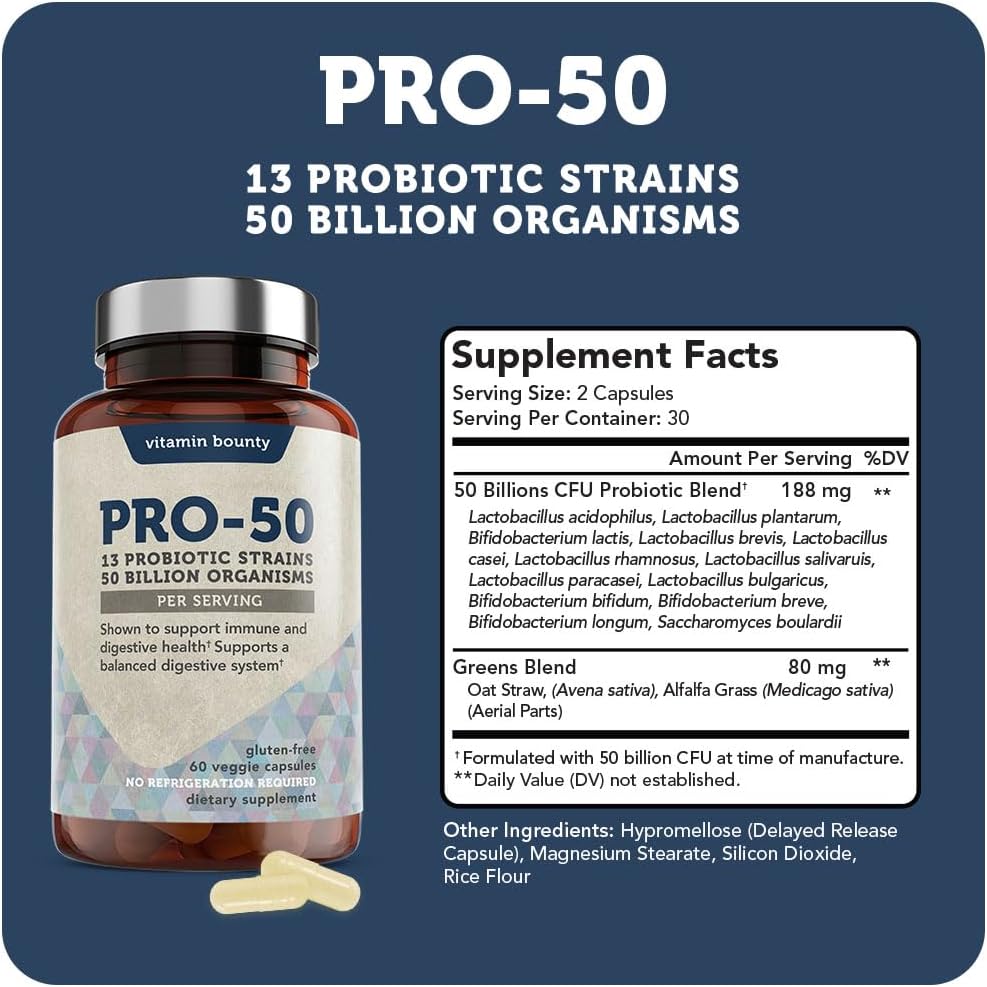 Buy now Vitamin Bounty Pro-50 Probiotics 50 Billion CFU for Women & Men - 13 Multi Strain Probiotic + Prebiotic - Digestive Health Supplements for Gut Health Support - Delayed Release Capsules for Men & Women at indiglob india