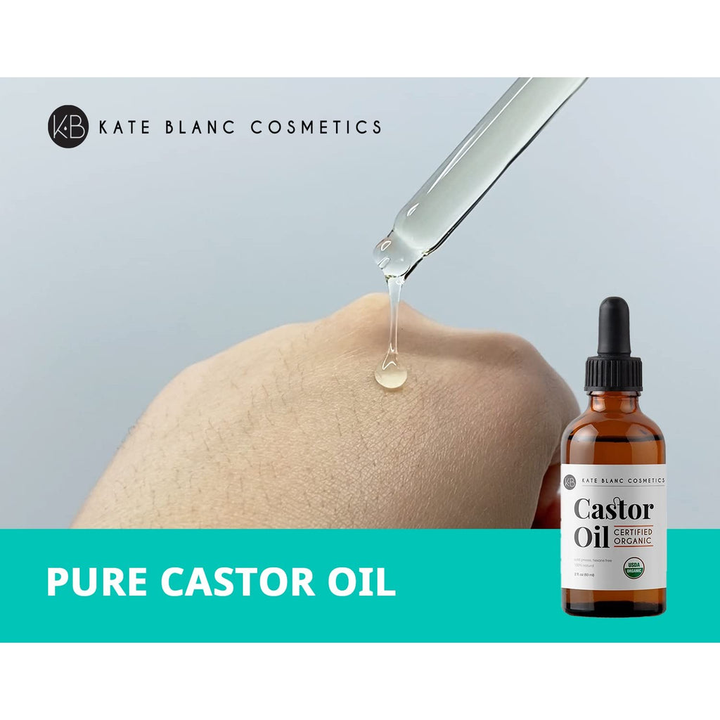 Kate Blanc Cosmetics Castor Oil Organic for Hair, Lashes, Face, Skin (2oz) | 100% Pure, Cold Pressed, Hexane Free Hair Oil in Glass Bottle. Lash Serum for Thicker-Looking Eyelashes & Eyebrows