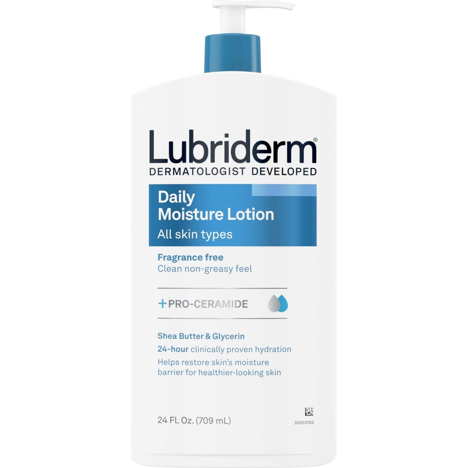 Lubriderm Daily Moisture Body Lotion, Fragrance Free, 24 fl. oz | Hydrating Face, Hand & Body Lotion + Pro-Ceramide for Sensitive Skin, 24-Hour Moisturizer with Shea Butter, Non-Greasy