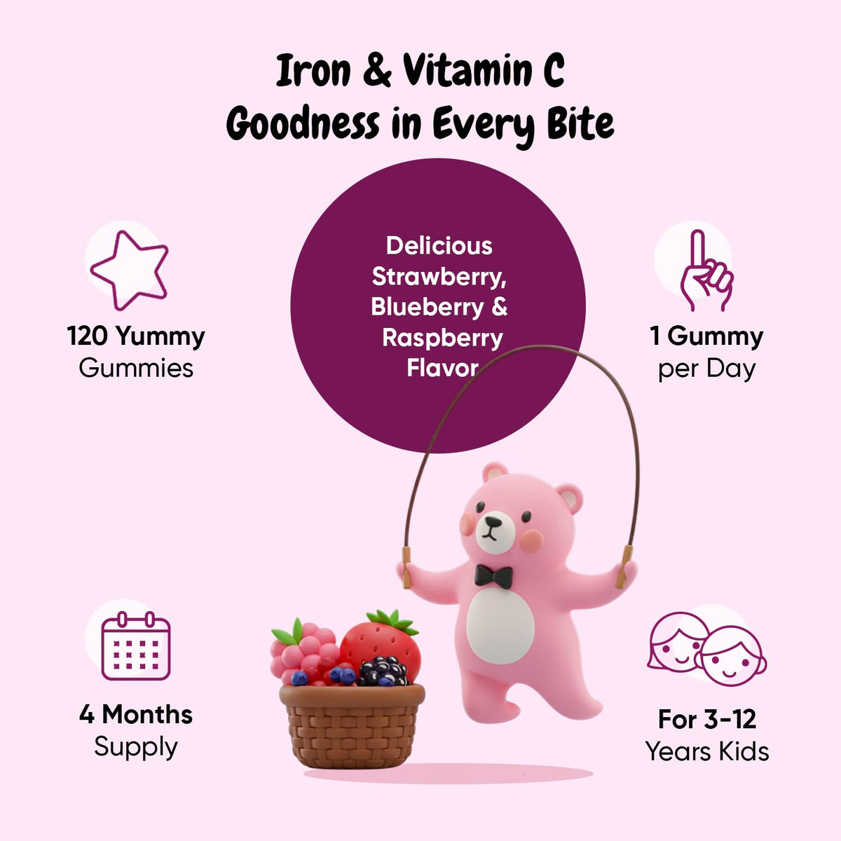 maxmedix Kids Iron with Vitamin C Gummies |120 Count, 4 Month Supply, Vegan