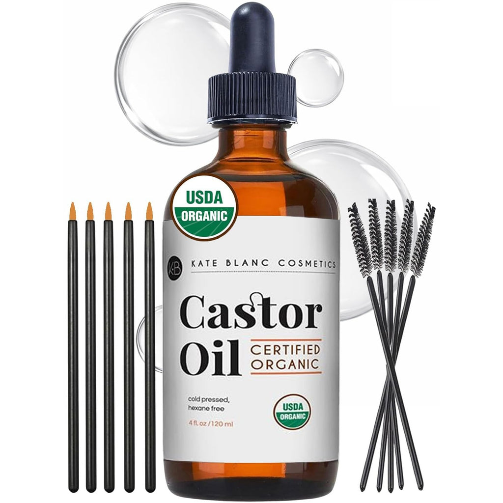 Kate Blanc Cosmetics Castor Oil Organic for Hair, Lashes, Face, Skin (2oz) | 100% Pure, Cold Pressed, Hexane Free Hair Oil in Glass Bottle. Lash Serum for Thicker-Looking Eyelashes & Eyebrows