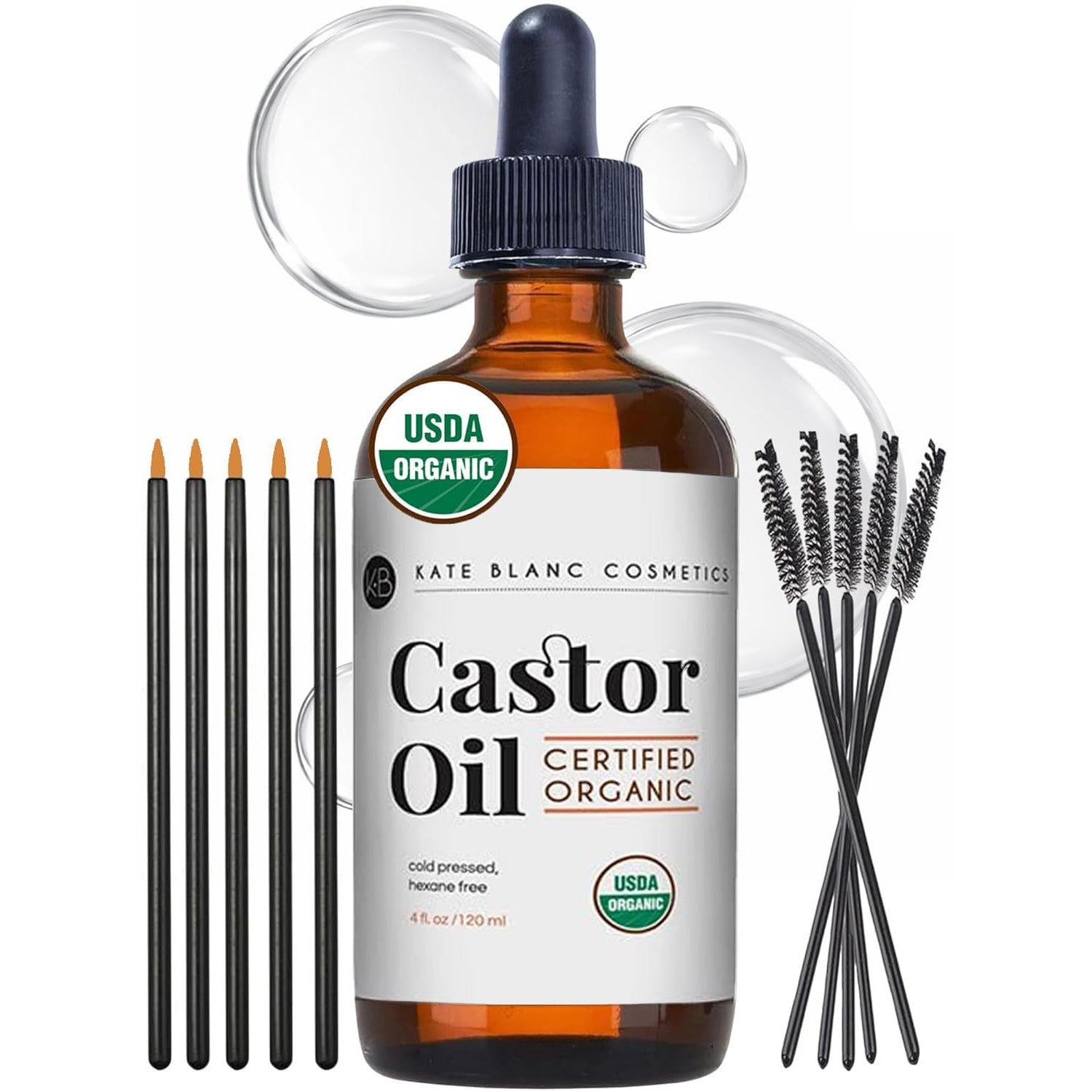 Kate Blanc Cosmetics Castor Oil Organic for Hair, Lashes, Face, Skin (2oz) | 100% Pure, Cold Pressed, Hexane Free Hair Oil in Glass Bottle. Lash Serum for Thicker-Looking Eyelashes & Eyebrows