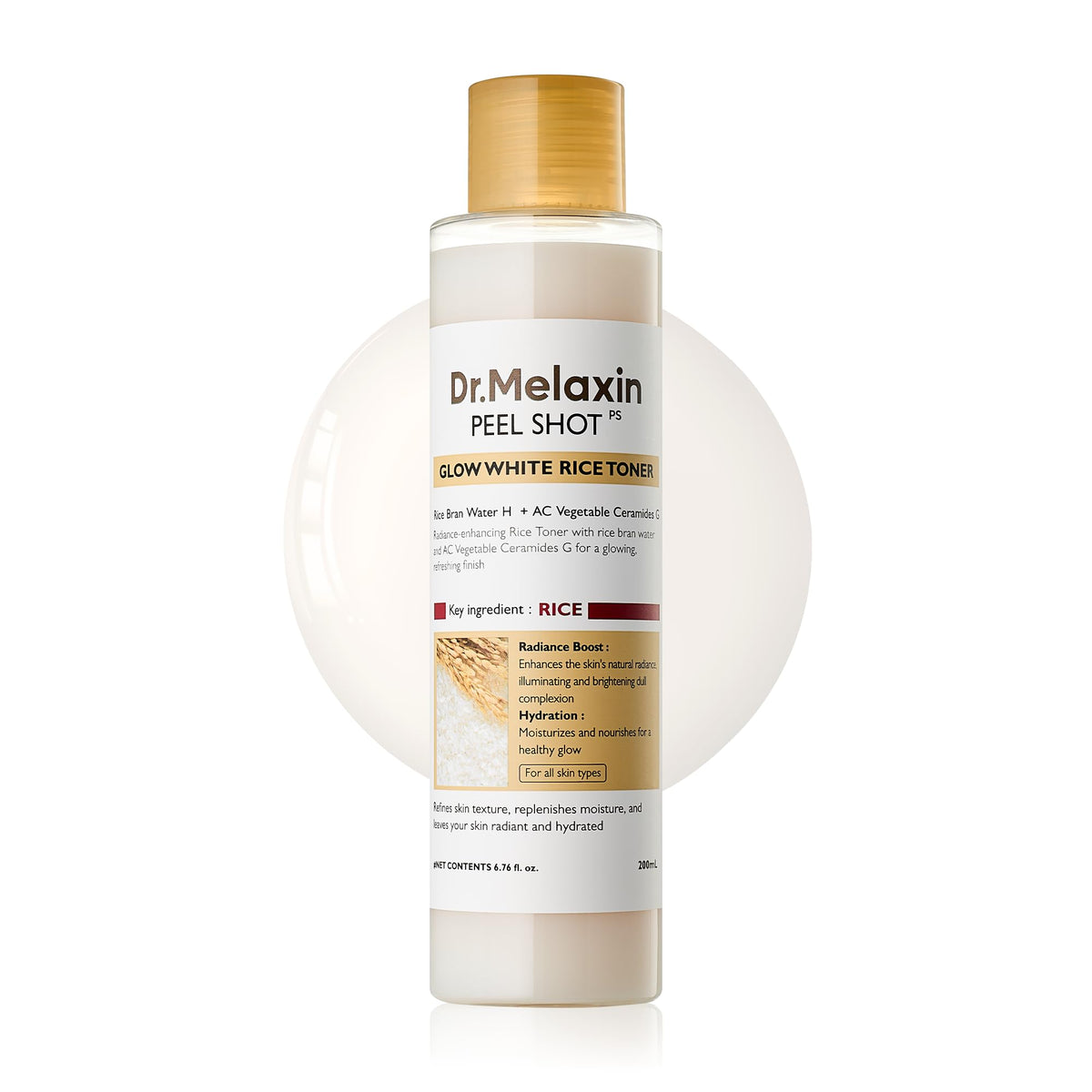 Dr.Melaxin Peel Shot Glow Rice Toner with Rice Extract & Ceramides, Hydrating & Skin Refining Face Toner for Glass Skin, Liposome Oil for Deep Moisture & Barrier Care, Korean Skincare, 6.76 fl.oz