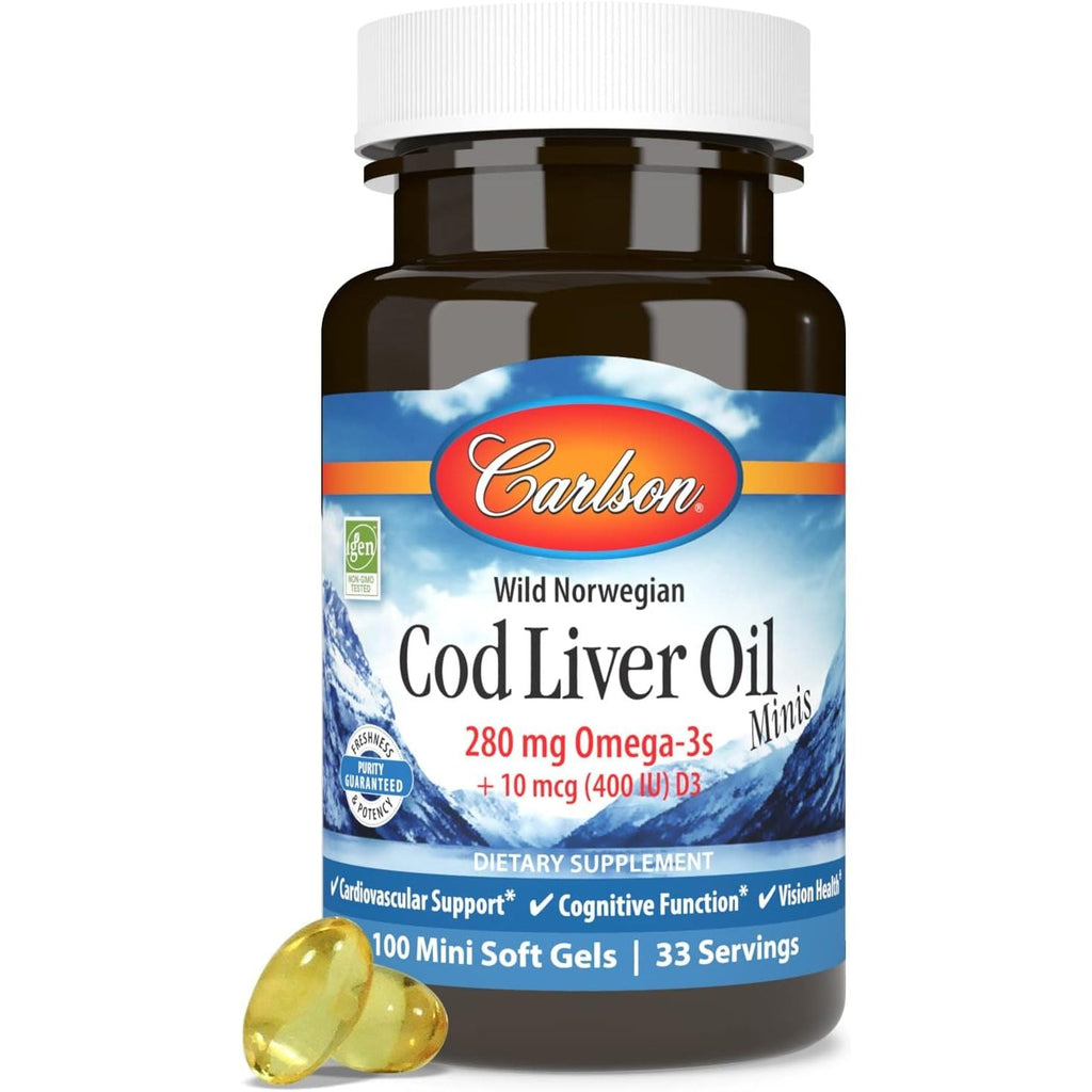 Buy now Carlson - Cod Liver Oil Minis, 280 mg Omega-3s + Vitamins A & D3, Heart Support & Cognitive Function, Vision Health, 100 Mini Softgels at indiglob india