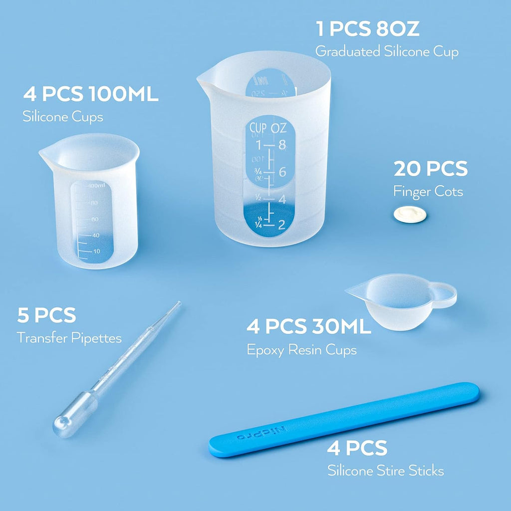 Buy now Silicone Resin Measuring Cups Tool Kit- Nicpro 250 & 100 ml Measure Cups, Silicone Popsicle Stir Sticks, Pipettes, Finger Cots for Epoxy Resin Mixing, Molds, Jewelry Making, Waxing, Easy Clean at indiglob india