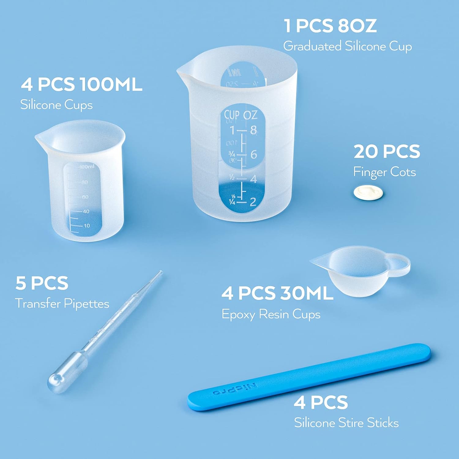 Buy now Silicone Resin Measuring Cups Tool Kit- Nicpro 250 & 100 ml Measure Cups, Silicone Popsicle Stir Sticks, Pipettes, Finger Cots for Epoxy Resin Mixing, Molds, Jewelry Making, Waxing, Easy Clean at indiglob india