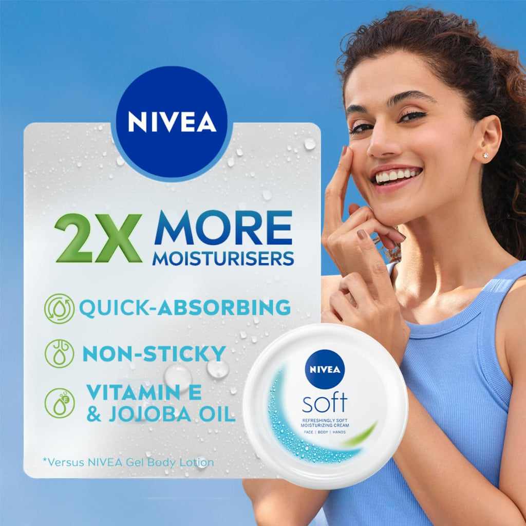 Buy now NIVEA Soft Light Moisturizer Cream, with Vitamin E & Jojoba Oil for Face, Hands and Body, 100 ml at indiglob india