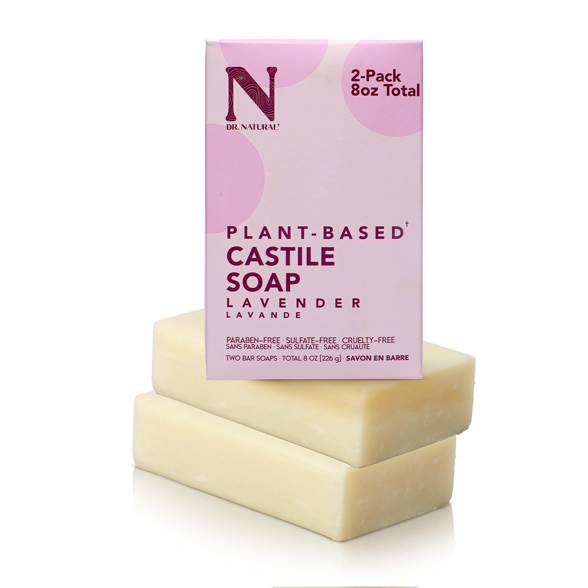 Dr. Natural Castile Bar Soap - Multipurpose Soap Bar with Anti-Acne Properties - For Face, Body and Hair - Sensitive Skin Body Wash - Lavender - 2 pcs