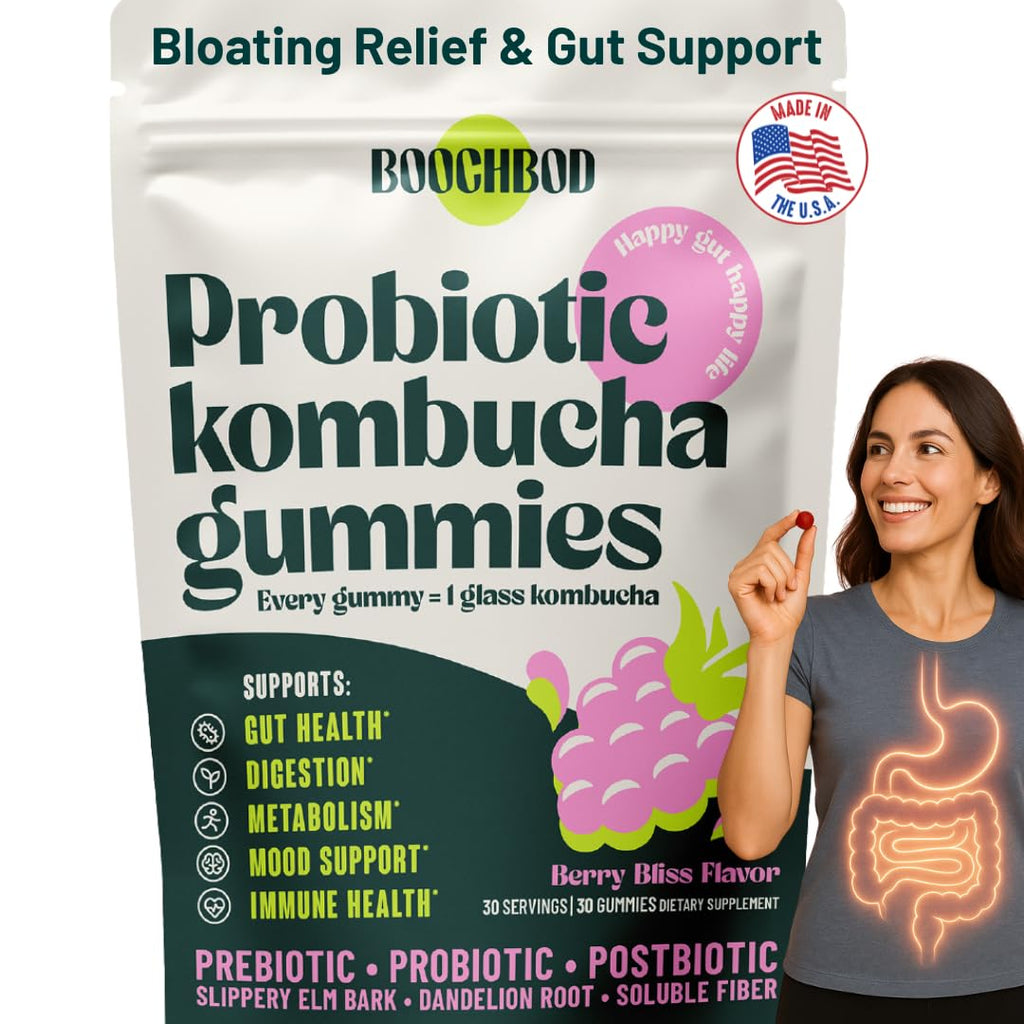 BoochBod - Probiotic Kombucha Gummy - Prebiotics, Probiotics, Postbiotics, Fiber Supplement, Slippery Elm, Dandelion Root, for Bloating, Gut Health - for Women and Men - Lemon Lime (Lemon Lime)