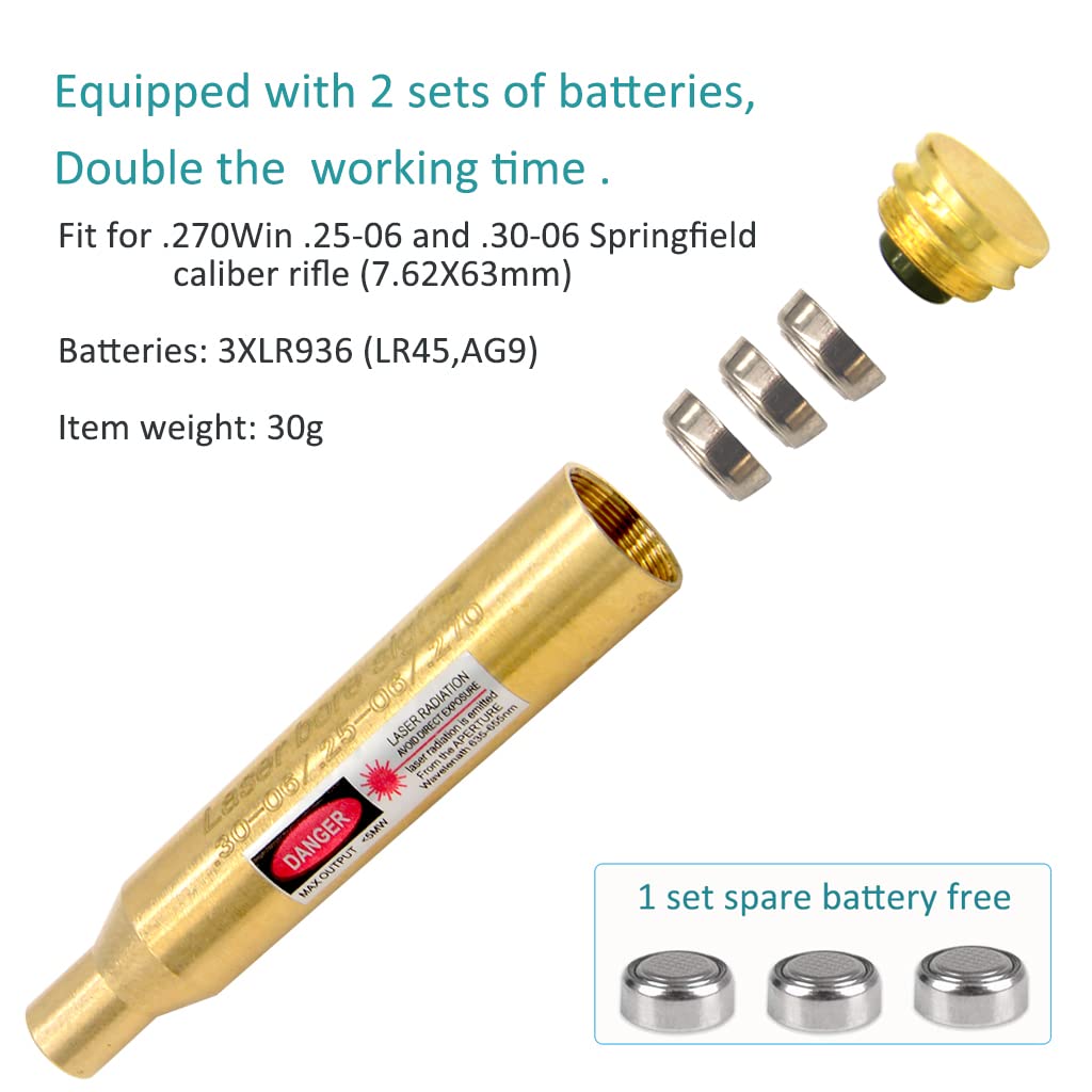 .30-06/25-06/270 Bore Sight Laser Red Dot Cartridge Laser bore Sighter with 2 Sets of Batteries