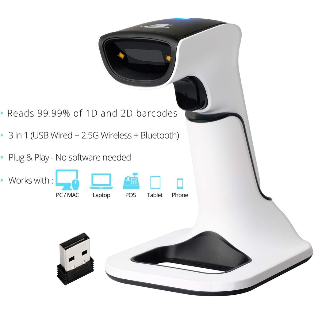 Buy now ScanAvenger Wireless Portable 1D&2D with Stand Bluetooth Barcode Scanner: 3-in-1 Handheld Scanner, Rechargeable Battery for Inventory - USB Bar Code/QR Reader (1D&2D with Next Gen Stand) at indiglob india