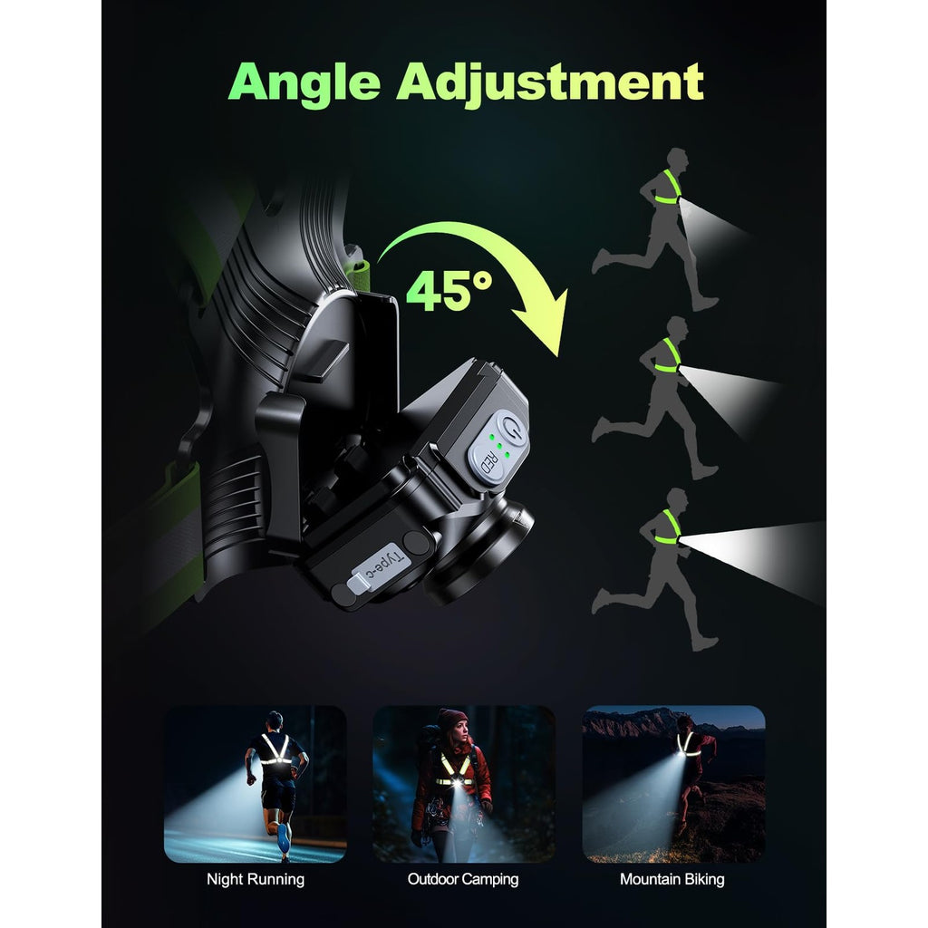 ISEYOU Running Lights for Runners, 500 Lumens Running Light with 45° Adjustable Tilt, 360° Reflective Vest & IPX4 Waterproof Rechargeable Light Up Gear for Night Walking/Cycling/Jogging/Hiking