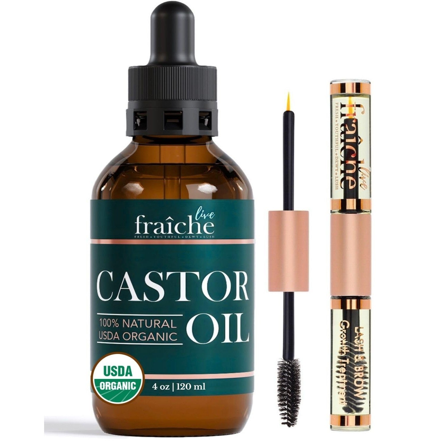 Organic Castor Oil Eyelash Growth Serum, Eyebrow Lash Serum for Hair Growth | 2oz Glass Bottle + Ready-to-Use Filled Dual Ended Tube. 100% Pure Cold Pressed Hexane-Free. For Hair & Skin. Made in USA.
