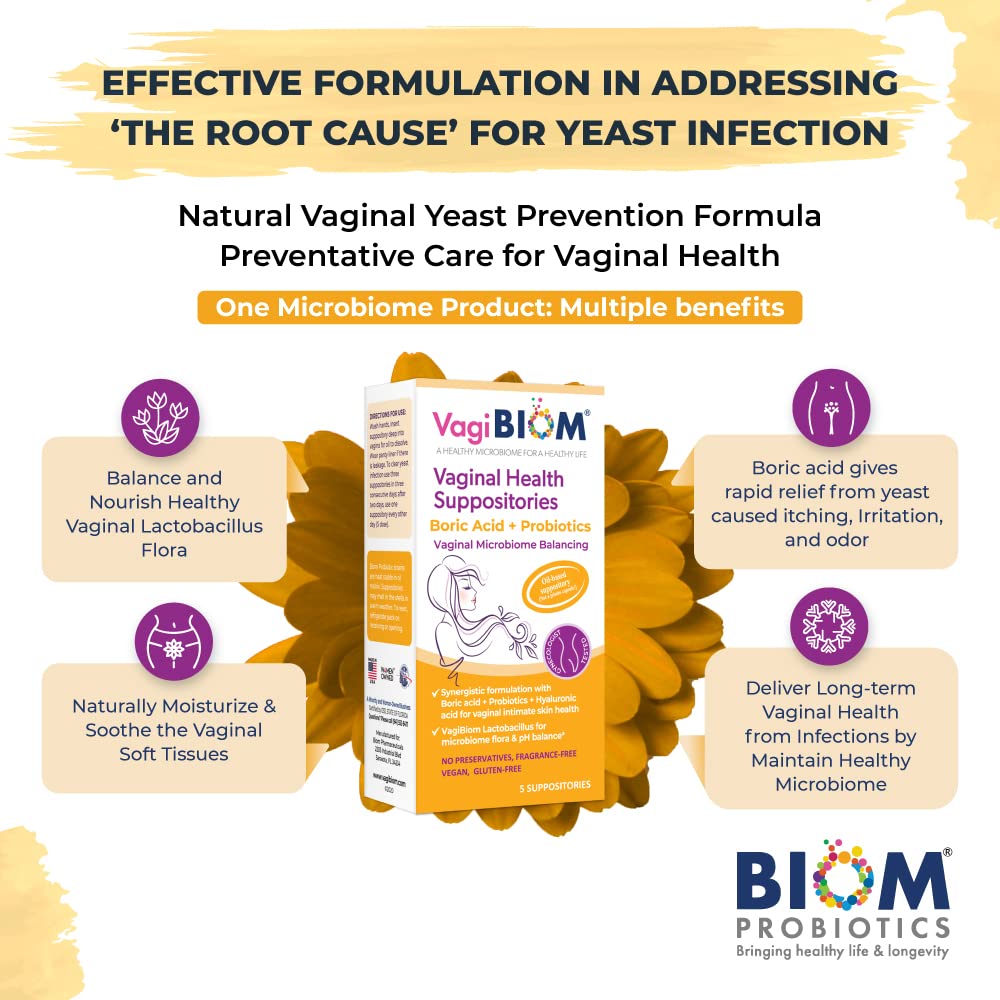 VagiBiom Boric Acid Suppositories with Lactobacillus: Microbiome Flora Balance; Balance and Nourishes Healthy Flora; Paraben-Free Preservative-Free (5count)