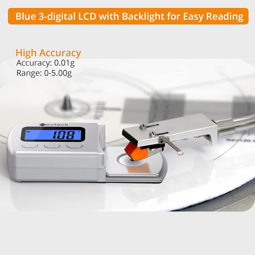 Buy now Neoteck Digital Turntable Stylus Force Gauge 0.01g/5.00g with Blue LCD Backlight Turntable Stylus Pressure Gauge with 5g Weight & Leather Case Accurate Tracking for Tonearm Phono Cartridge-Silver at indiglob india