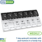 Buy now EZY DOSE Push Button (7-Day) Pill Case, Medicine Planner, Vitamin Organizer, 2 Times a Day AM/PM, Removable Trays, Large Compartments, Arthritis Friendly, Spring Open Black and White Lids, BPA Free at indiglob india