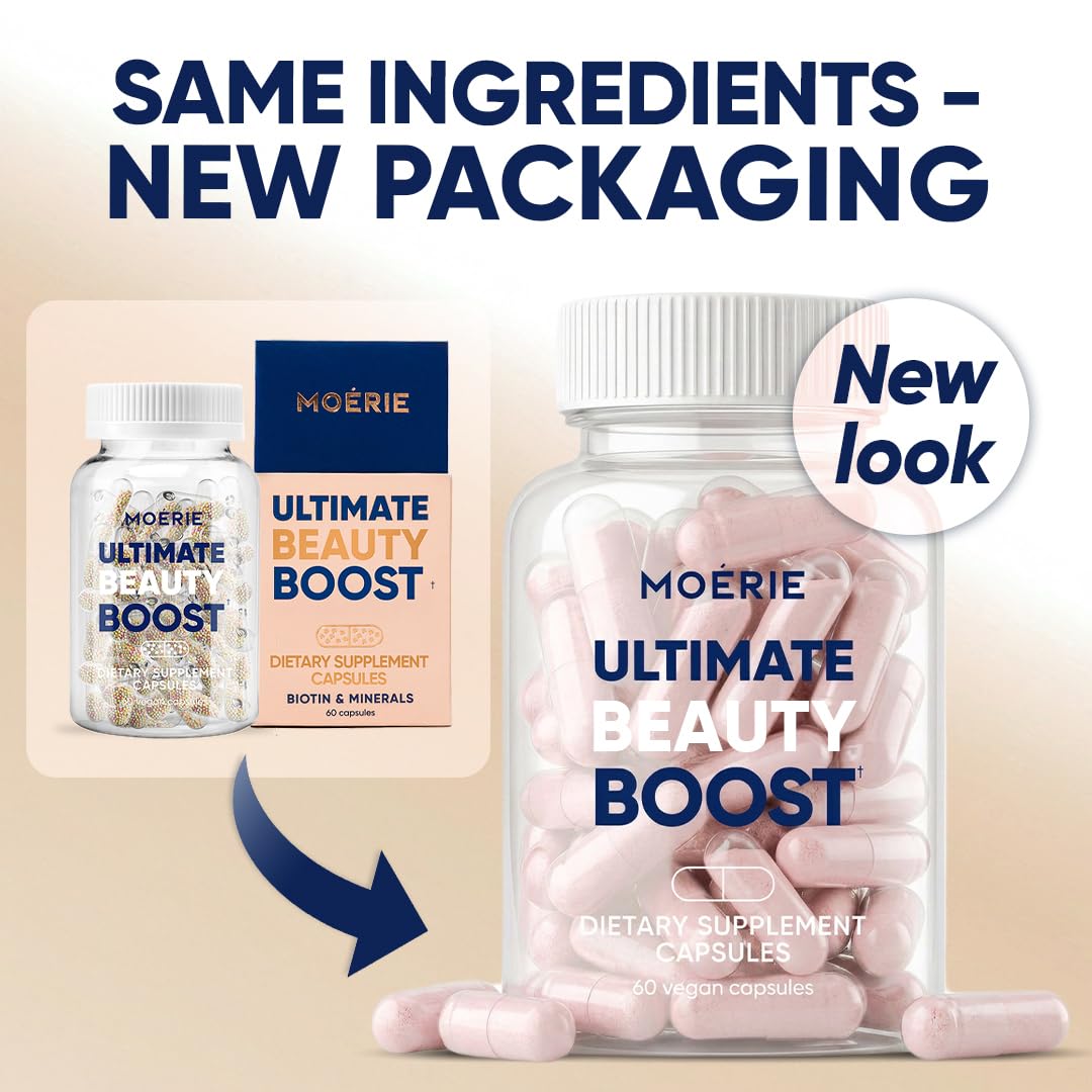 Moerie Ultimate Hair Boost Supplements for Women & Men - Hair, Skin, Nails Vitamins with Biotin & Minerals for Hair Health - Thicker Hair - 60 Capsules
