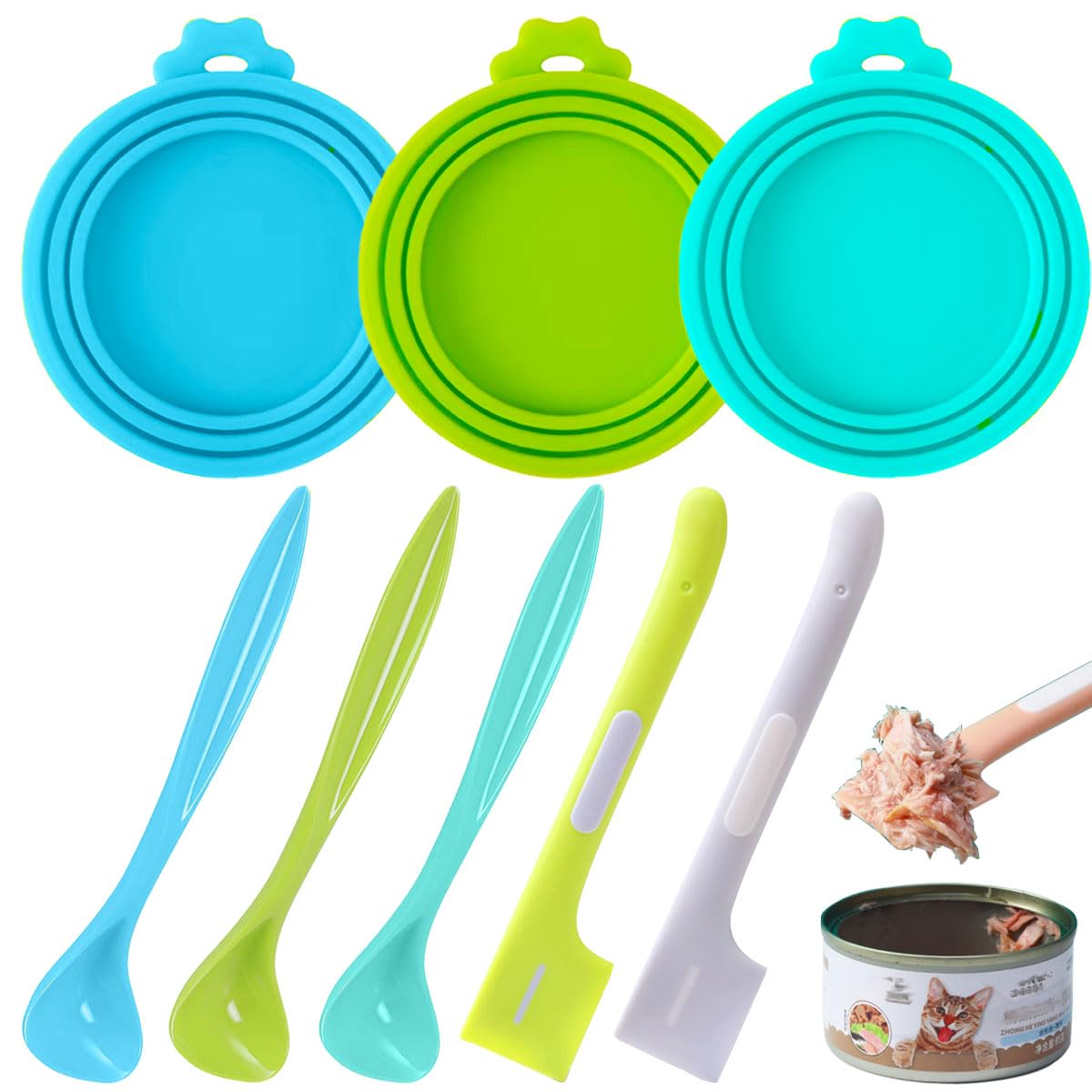 8 PACK Can Lids, Pet Food Can Cover and Food Mixing Spoons Food Canned Scoop, Fits Most Standard Size Dog and Cat Can Tops for Pet Cat Dog Feeding Can and Wet Food Storage