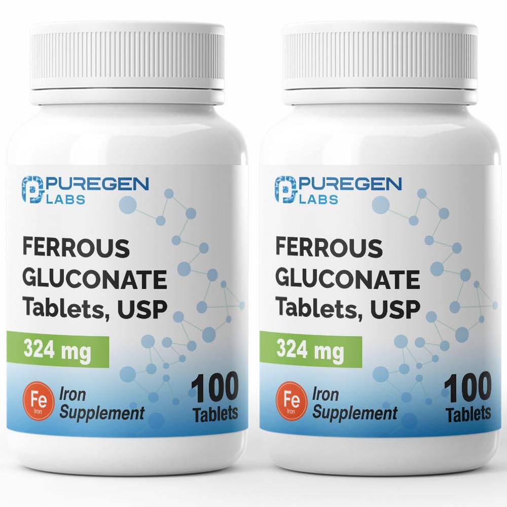 Puregen Labs Ferrous Gluconate 324 mg [High Potency] Iron Supplement, Gentle on Stomach - 100 Tablets