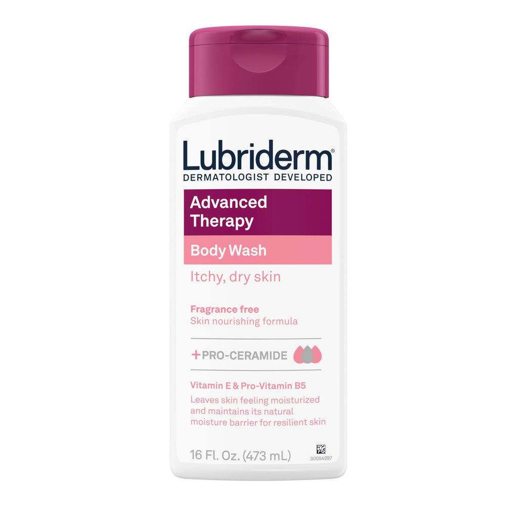 Lubriderm Advanced Therapy Unscented Body Wash, Vitamin E, 16 fl. Oz | Pro-Ceramide, Vitamin E & Pro-Vitamin B5, Gently Cleanses Itchy Dry Skin, Fragrance Free, Hypoallergenic