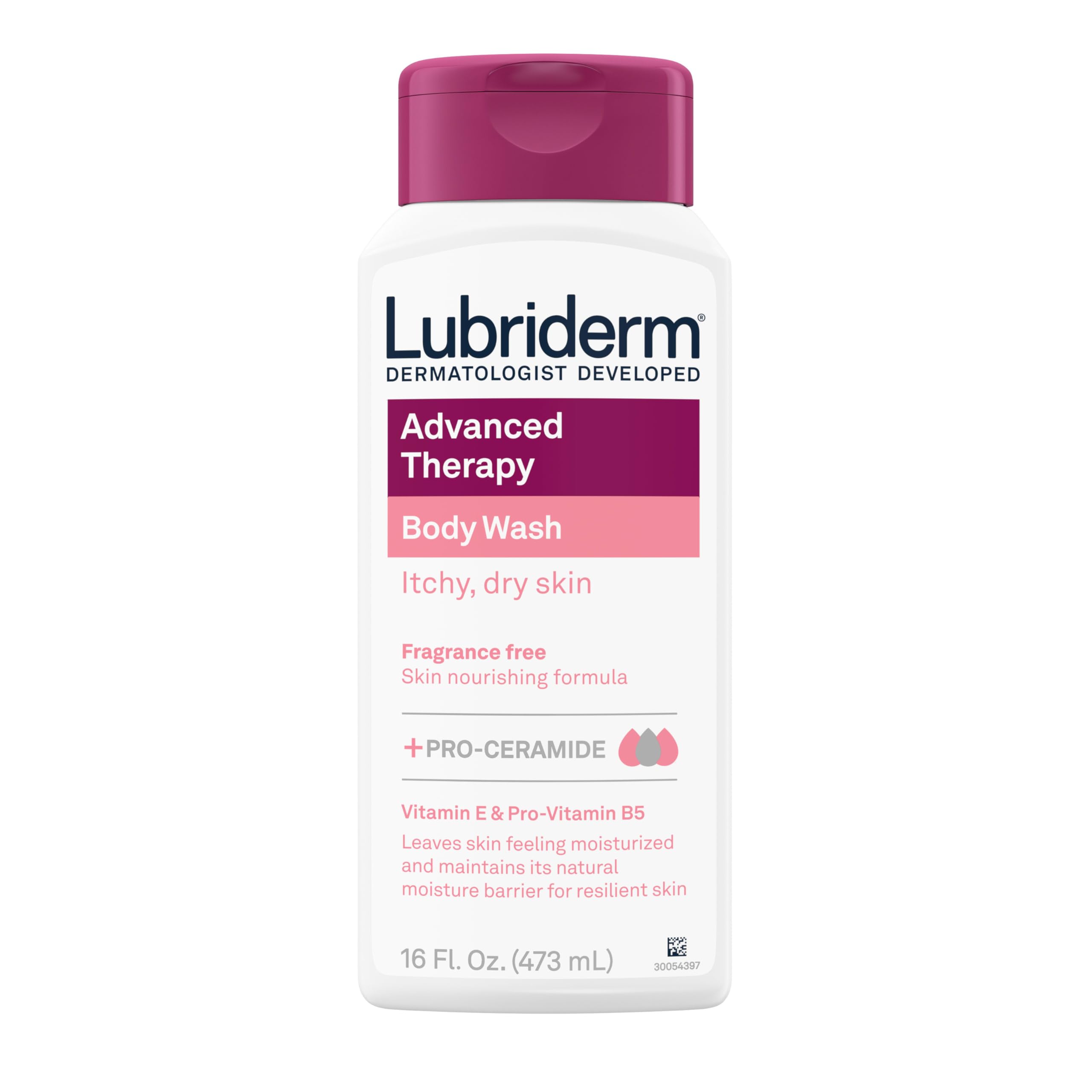 Lubriderm Advanced Therapy Unscented Body Wash, Vitamin E, 16 fl. Oz | Pro-Ceramide, Vitamin E & Pro-Vitamin B5, Gently Cleanses Itchy Dry Skin, Fragrance Free, Hypoallergenic