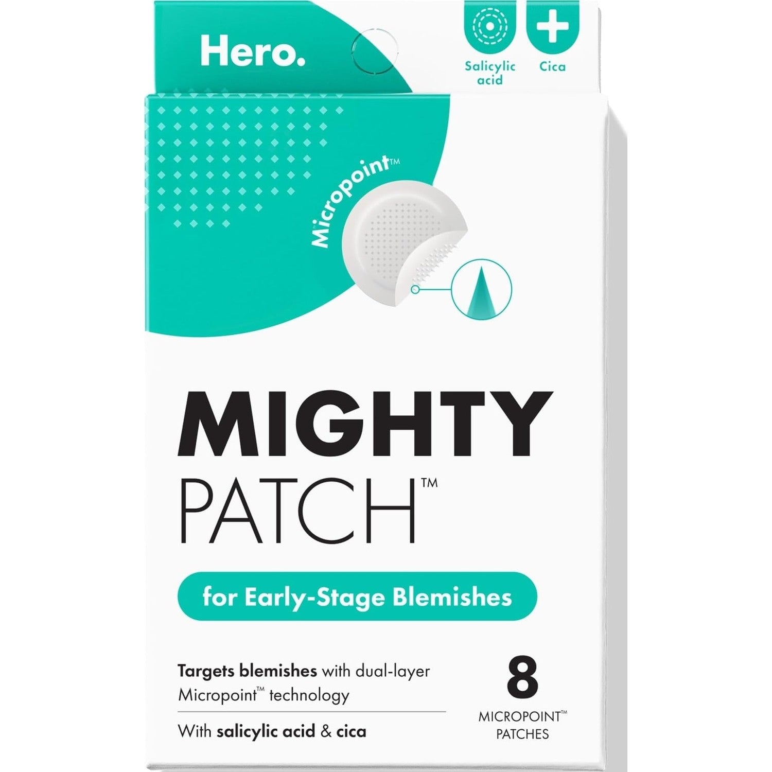 Mighty Patch Hero Cosmetics Micropoint Acne Pimple Patches, 8 Ct | For Early Stage Zits & Hidden Blemishes; Hydrocolloid with Salicylic Acid, Niacinamide, Cica; 395 Micropoints; Acne Stickers