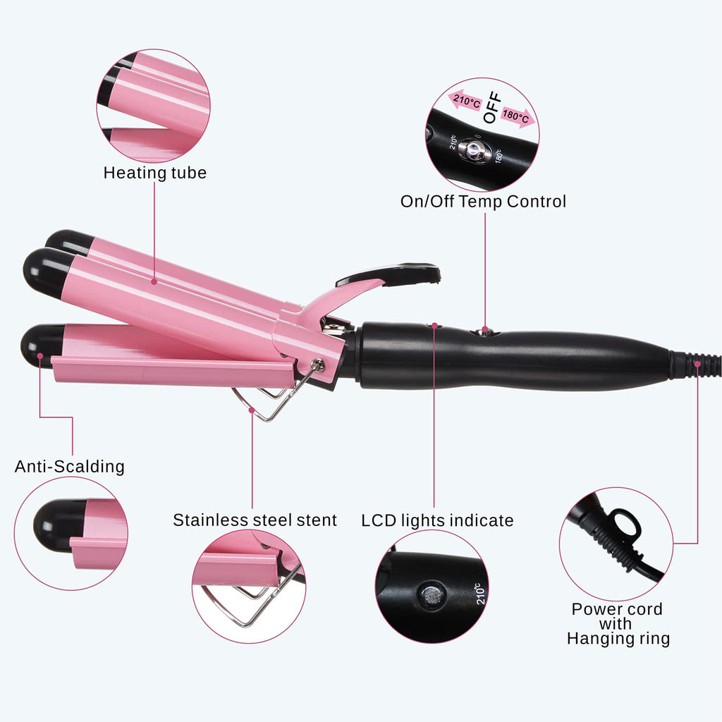 TOP4EVER 3 Barrel Curling Iron, 1-Inch Hair Crimper Tool for Women | Hair waver and hair crimper for women, designed to create beach waves, with two temperature settings for fine or thick hair.