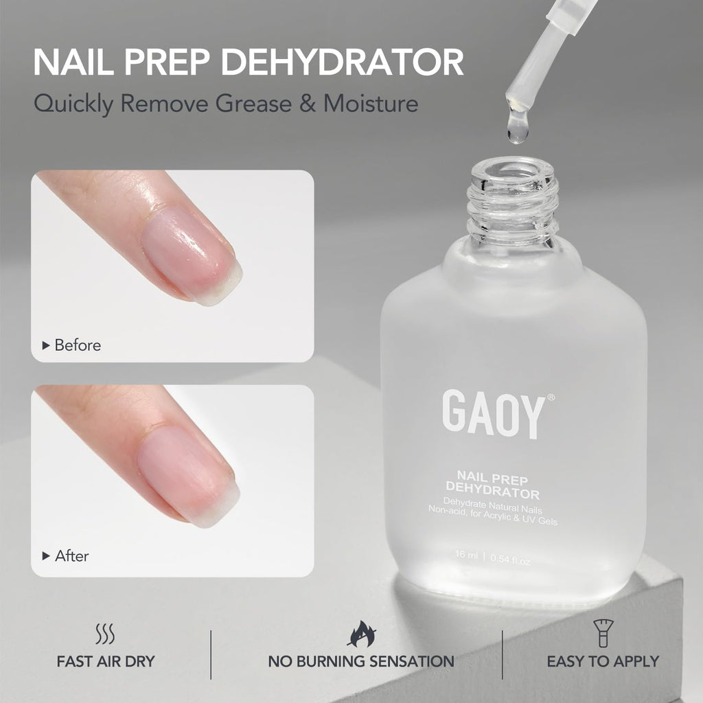 GAOY 16ml Nail Dehydrator and Primer with Gel Top and Base Coat, 4 Pcs Acid-Free Natural Nail Prep Dehydrate Bond Primer Professional Set, for Gel Polish