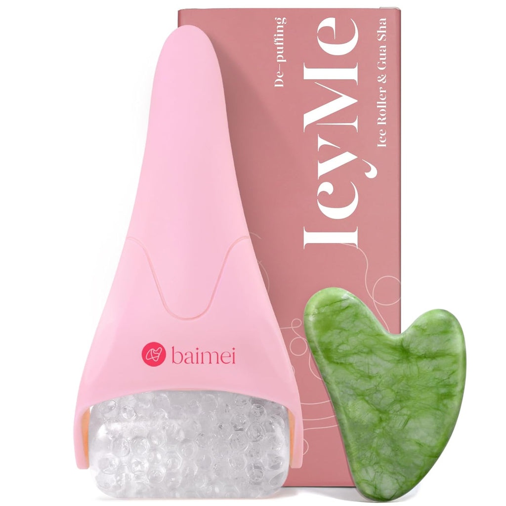 Buy now BAIMEI IcyMe Ice Roller for Face and Gua Sha Facial Tool Set, Ice Face Roller Reduces Puffiness Relieves Migraines Skin Care Tools, Self Care Gift for Women - Pink at indiglob india