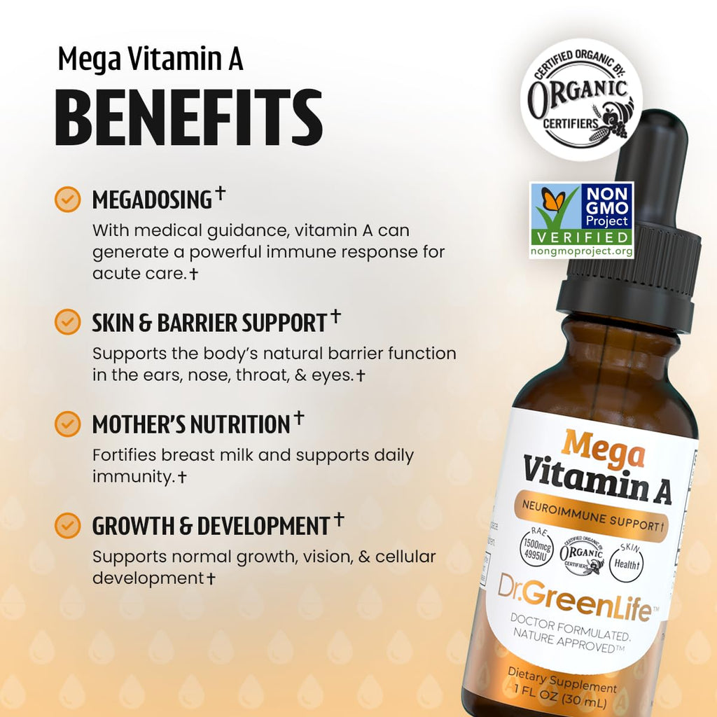 Dr. Green Mom Mega Vitamin A Liquid Drops | 1500 mcg RAE Per 1 Drop, 1180 Servings Per Bottle | Certified Organic, Non-GMO in Organic MCT Oil | Retinyl Palmitate | Infants, Kids & Adults | 1 fl oz