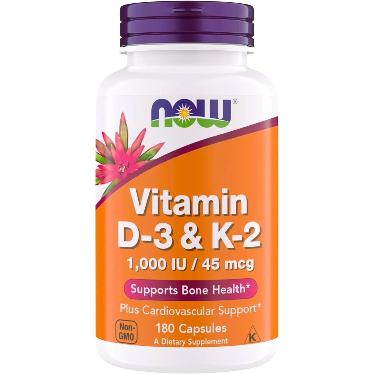 Now Supplements Vitamin D3 K2, 1,000 IU/45 mcg, Cardiovascular Support, Supports Bone Health, 180 Vegetarian Capsules - Vegan, Gluten Free, Kosher
