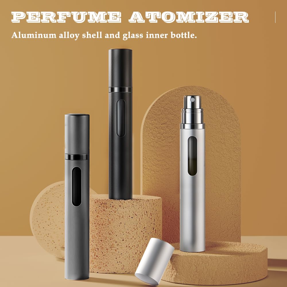 10ml Perfume Atomizer Travel Refillable, 3PCS Perfume Travel Refillable Bottle,Bottom-Filling Fragrances Perfumes Bottle,Mini Cologne Dispenser,Portable Sprayer（Black-Grey-Silver）