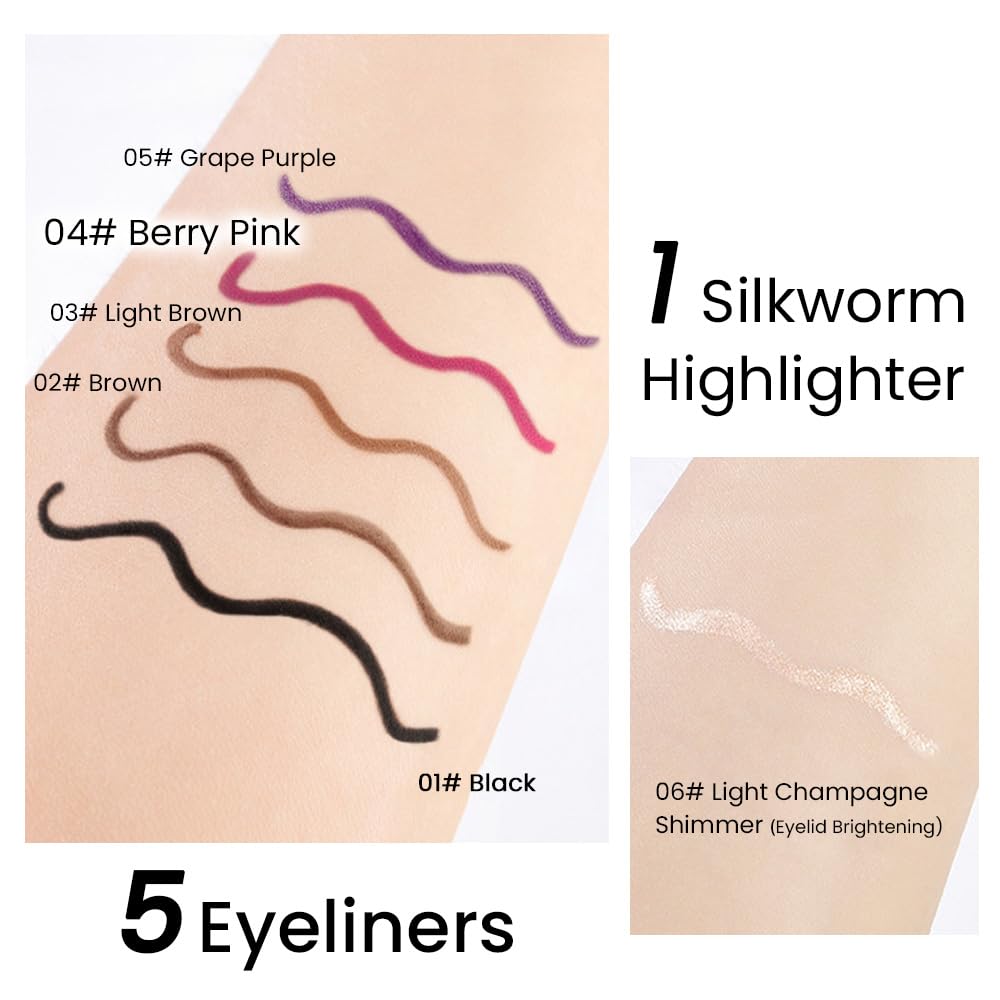 Showcasing swatches of 5 shades including Black, Brown, and Berry Pink. Available for order online in India.