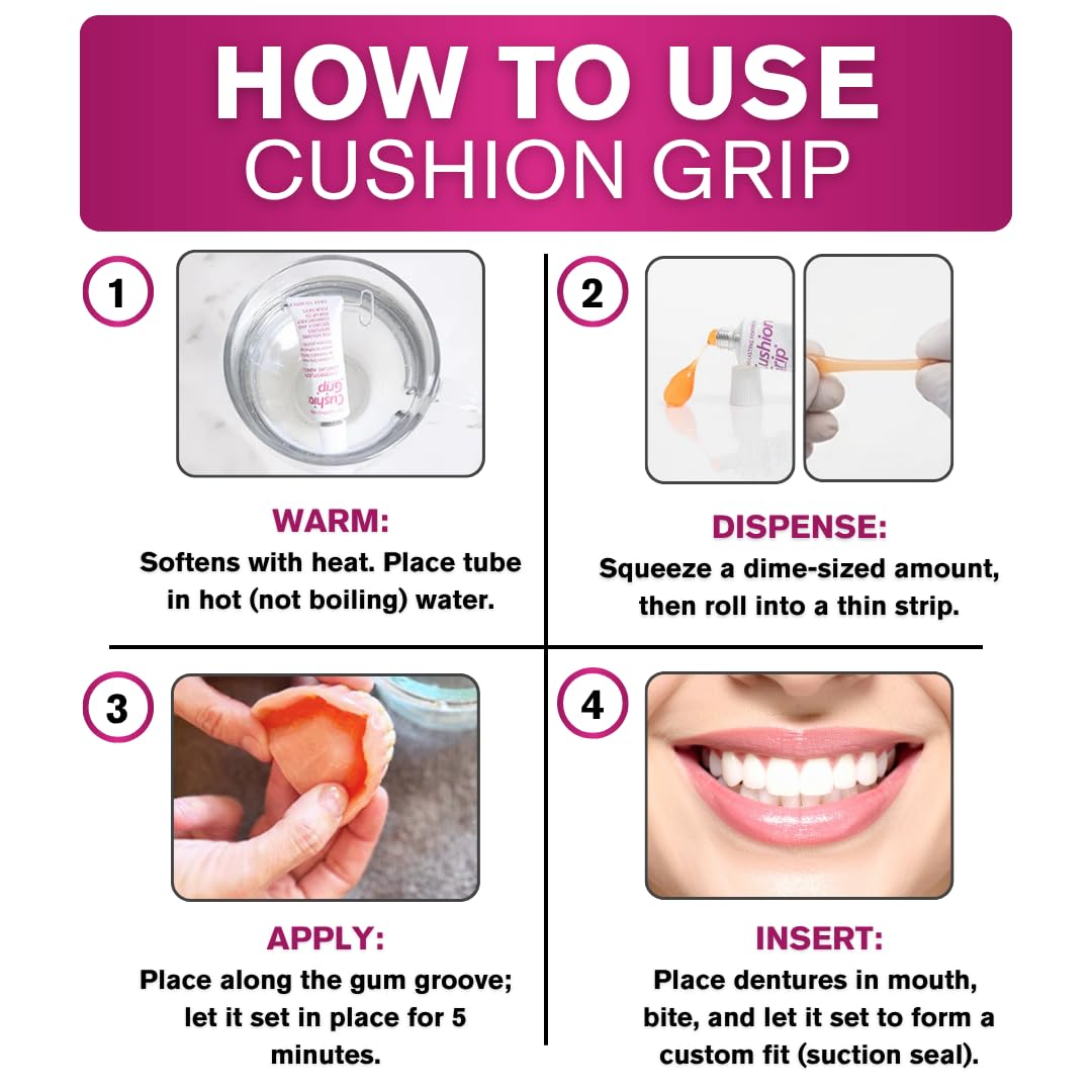 Cushion Grip Thermoplastic Denture Adhesive, 0.35 oz Travel Size (Pack of 2) – Refits and Tightens Loose Dentures for Up to 4 Days | Glue-Free, Zinc-Free, Waterproof, Acts Like a Soft Denture Reliner
