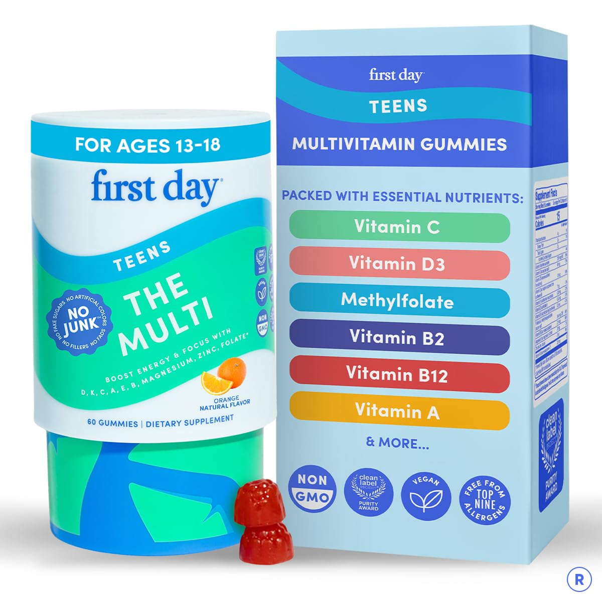 FIRST DAY Vitamins for Teens - Teen Multi Vitamins for Girls & Boys 12-17, Organic Fruit & Veggie Blend - 12 Key Nutrients: Vitamins A, B1, B2, B6, B9, B12, C, D3, E, K2-60 Day Supply