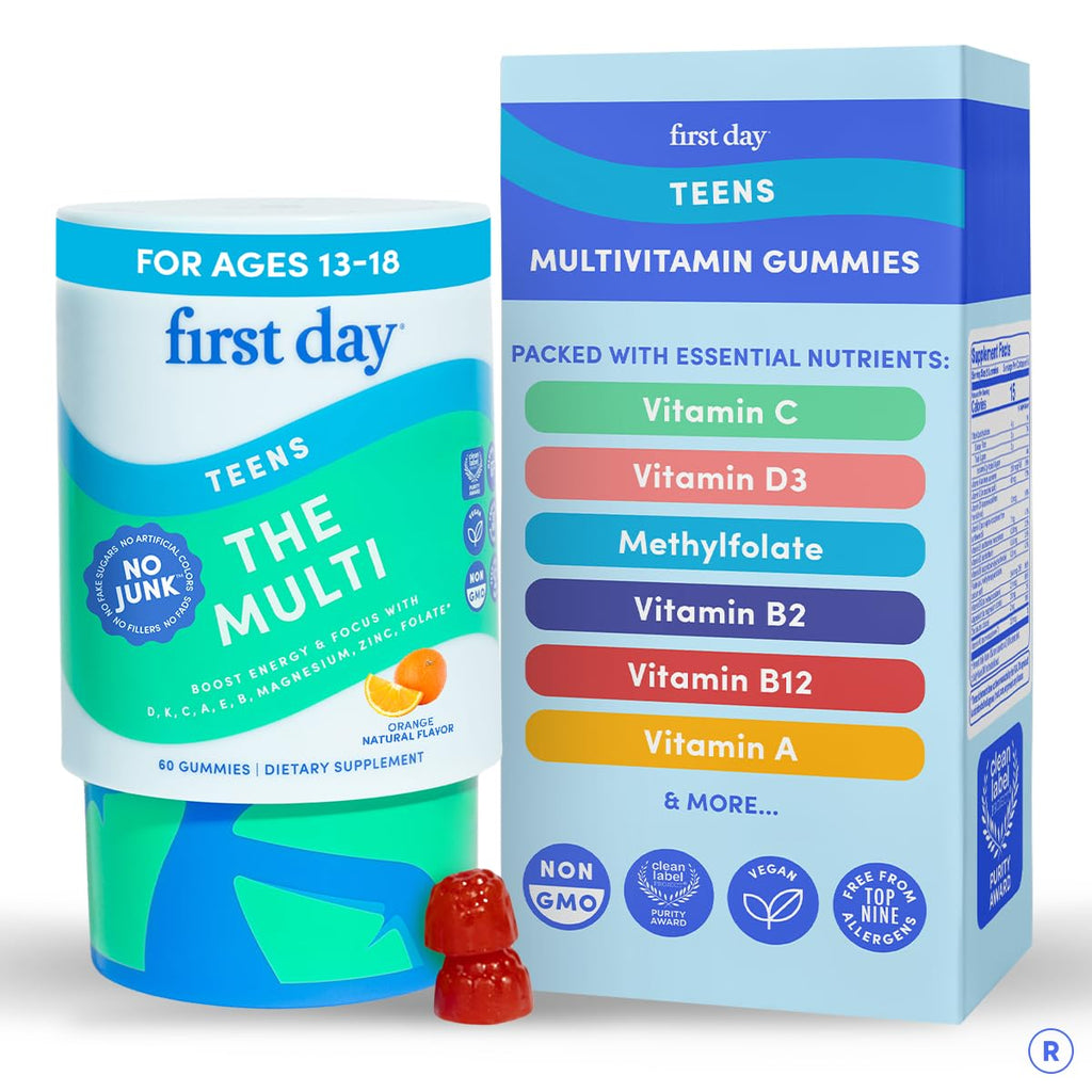 FIRST DAY Vitamins for Teens - Teen Multi Vitamins for Girls & Boys 12-17, Organic Fruit & Veggie Blend - 12 Key Nutrients: Vitamins A, B1, B2, B6, B9, B12, C, D3, E, K2-60 Day Supply