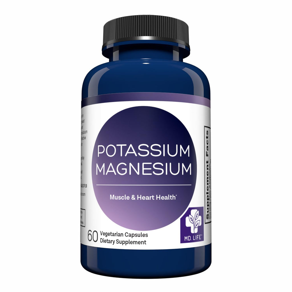 MD. Life Potassium Magnesium Supplement, High Absorption, 30 Capsules | Chelated Mineral Blend for Vascular Health, Muscle Function and Leg Cramp - Doctor Designed - Non-GMO, Vegetarian