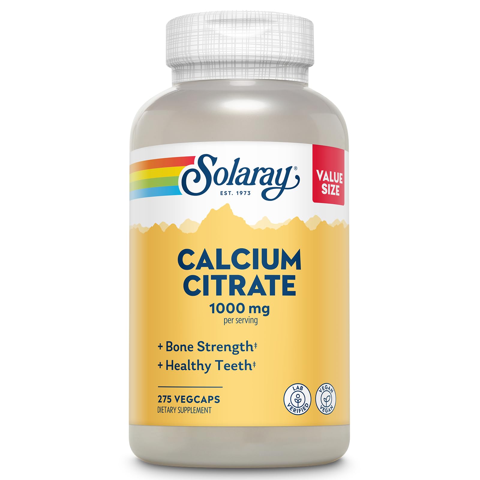 SOLARAY Calcium Citrate 1000 mg, 275 VegCaps | Bone & Teeth Support, Gentle Digestion Formula, 68 Servings, Vegan, Lab Verified