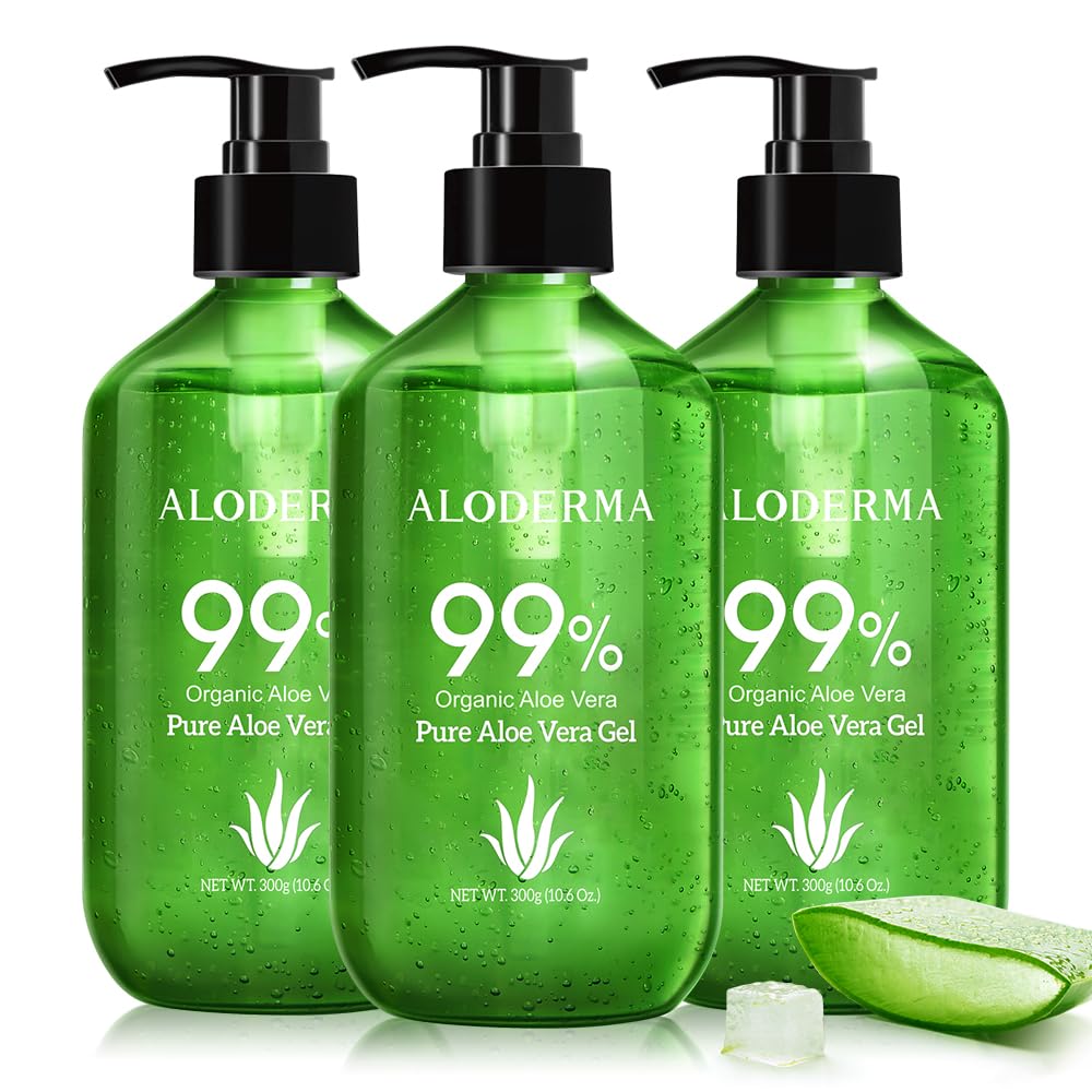 Aloderma Aloe Vera Gel Made within 12 Hours of Harvest with 99% Pure Organic Aloe Vera - Pump Bottle - Ideal for Face and Body, Soothing & Hydrating Sunburn Relief, Great for Scalp & Hair - 10.6oz