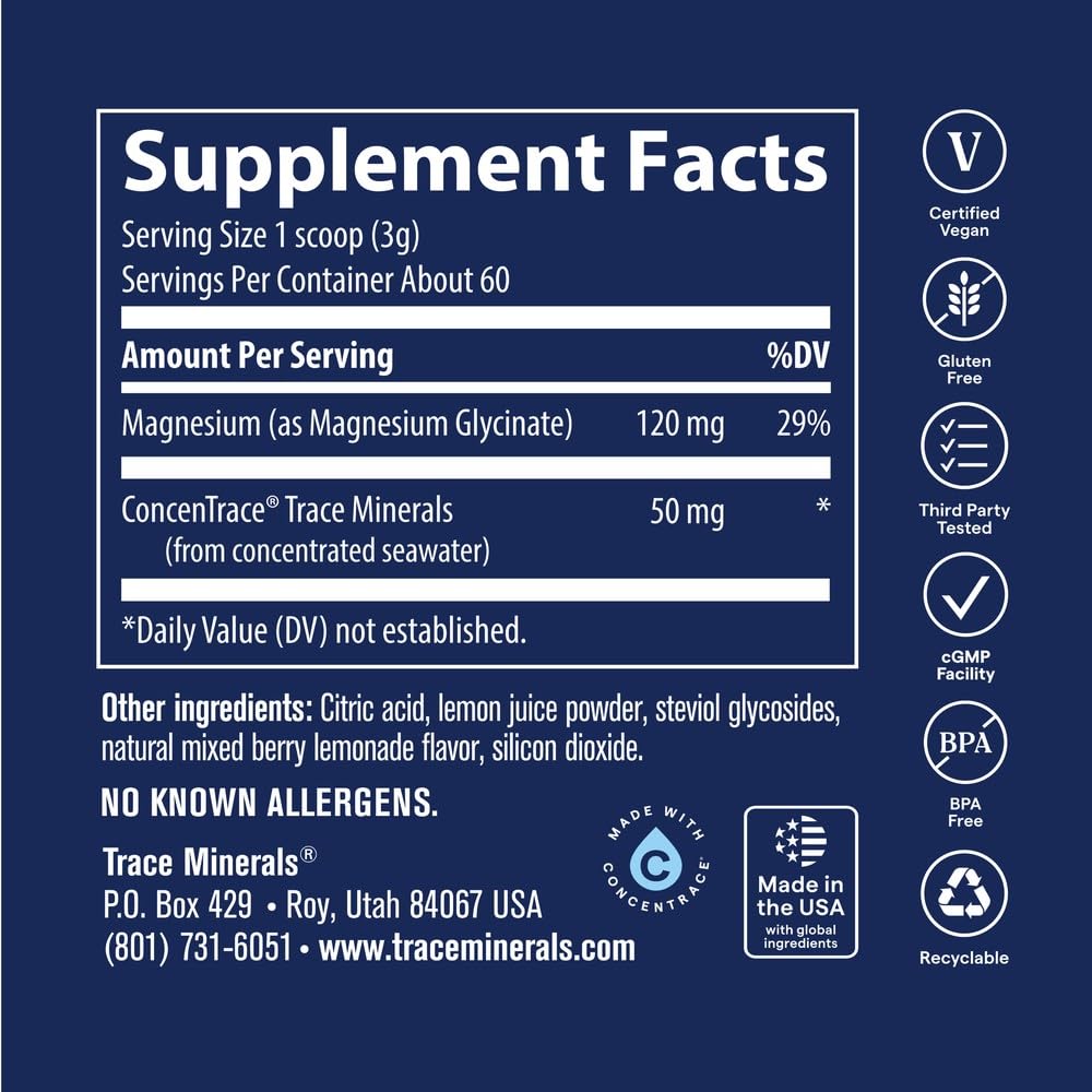 Trace Minerals Magnesium Glycinate Powder, Mixed Berry Lemonade | High absorption chelated form, Gentle on stomach, ionic trace minerals, Calm muscles and mood