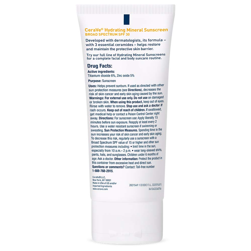 Buy now CeraVe 100% Mineral Sunscreen SPF 30, Face sunscreen With Zinc Oxide & Titanium Dioxide, Hyaluronic Acid + Niacinamide + Ceramides, Oil Free, Travel Size 2.5 oz at indiglob india